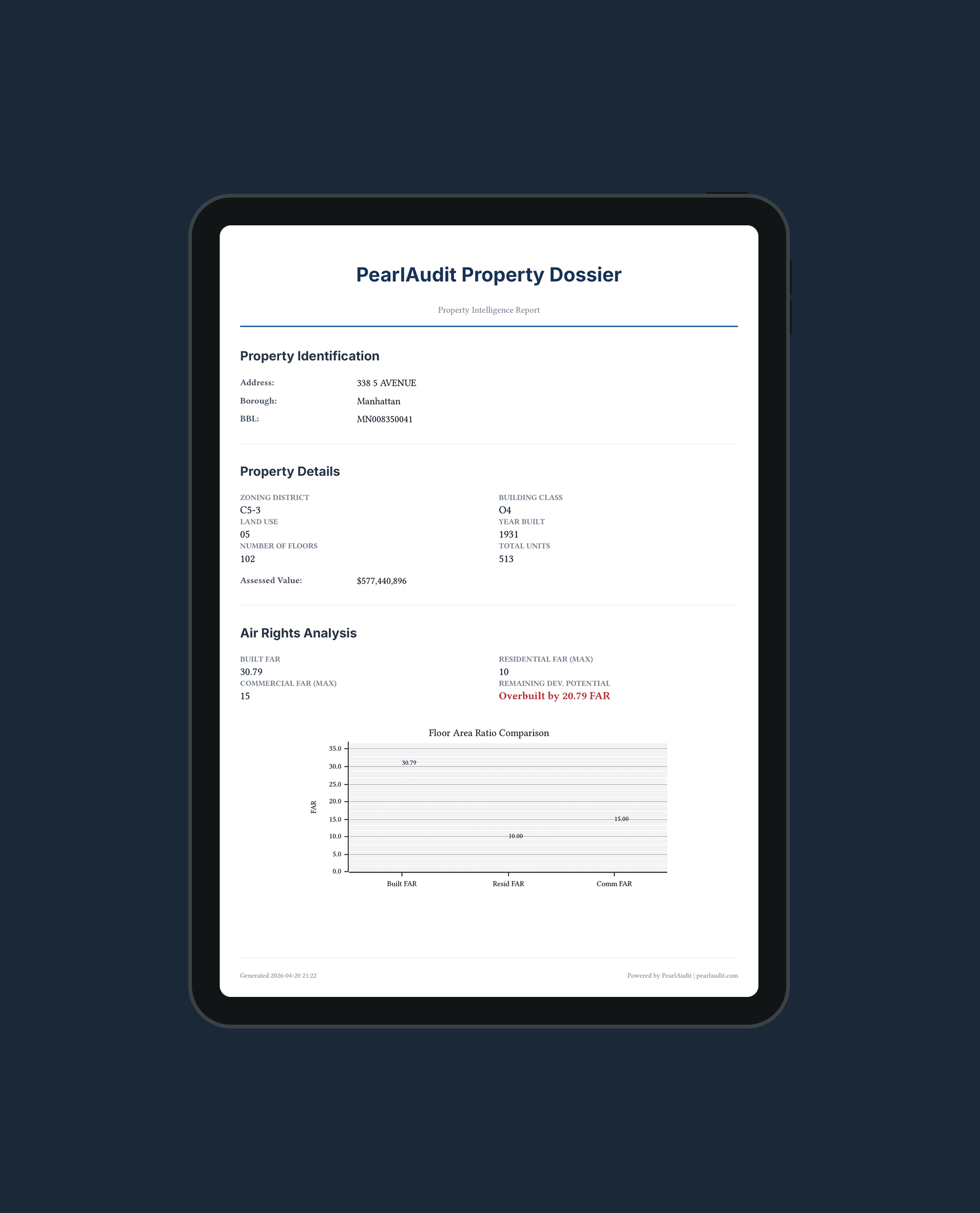 PearlAudit property intelligence dossier on iPad