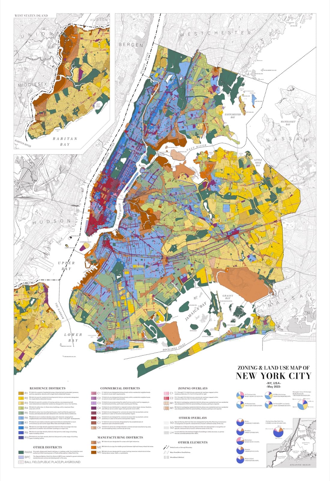 NYC zoning map showing overlapping municipal zoning districts and tax lots across all five boroughs, as of May 2023. The map illustrates the complexity of decoding fragmented zoning boundaries during property due diligence.